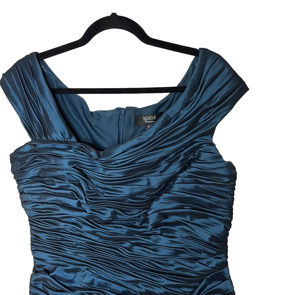 Tadashi Shoji Ruched Sheath Dress Teal Blue Sheen Asymmetrical Cap Sleeve 14 - Picture 8 of 17